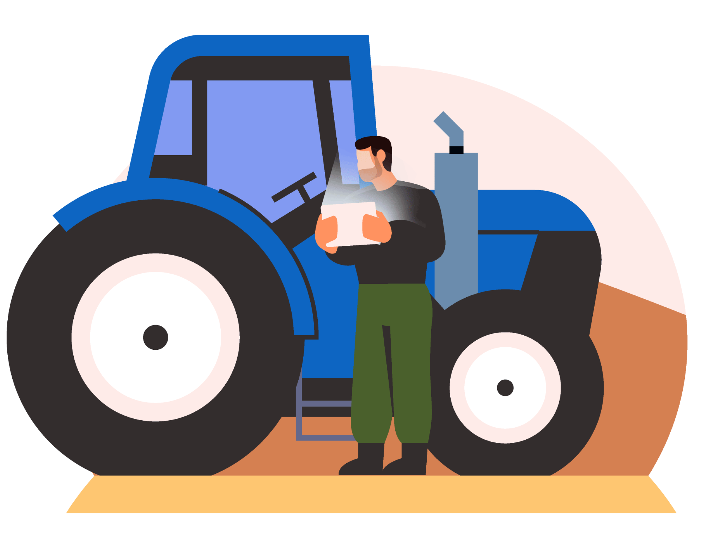 Illustration of a man holding up an iPad in front of a tractor.