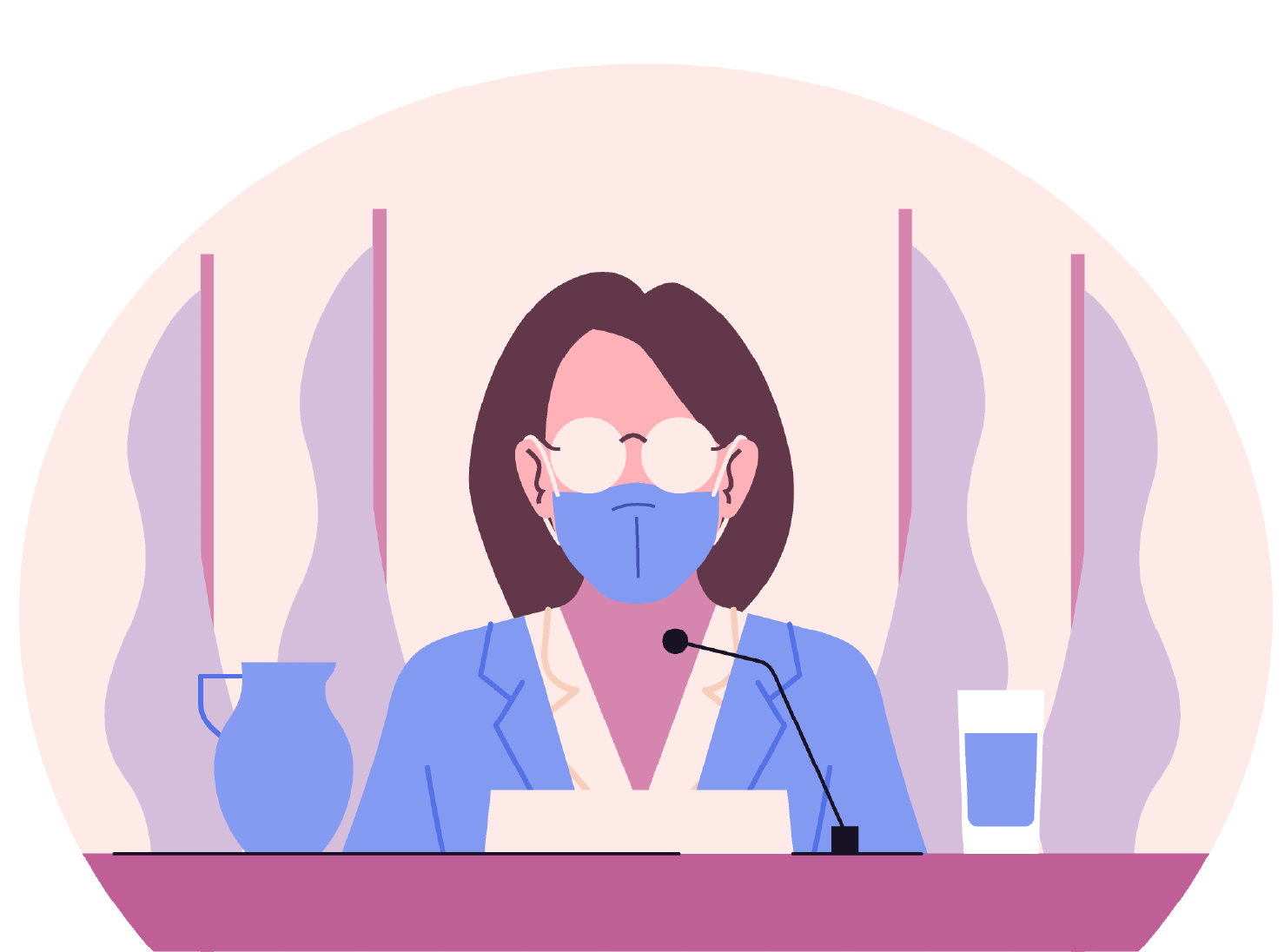 Illustration of female speaker at podium wearing a mask