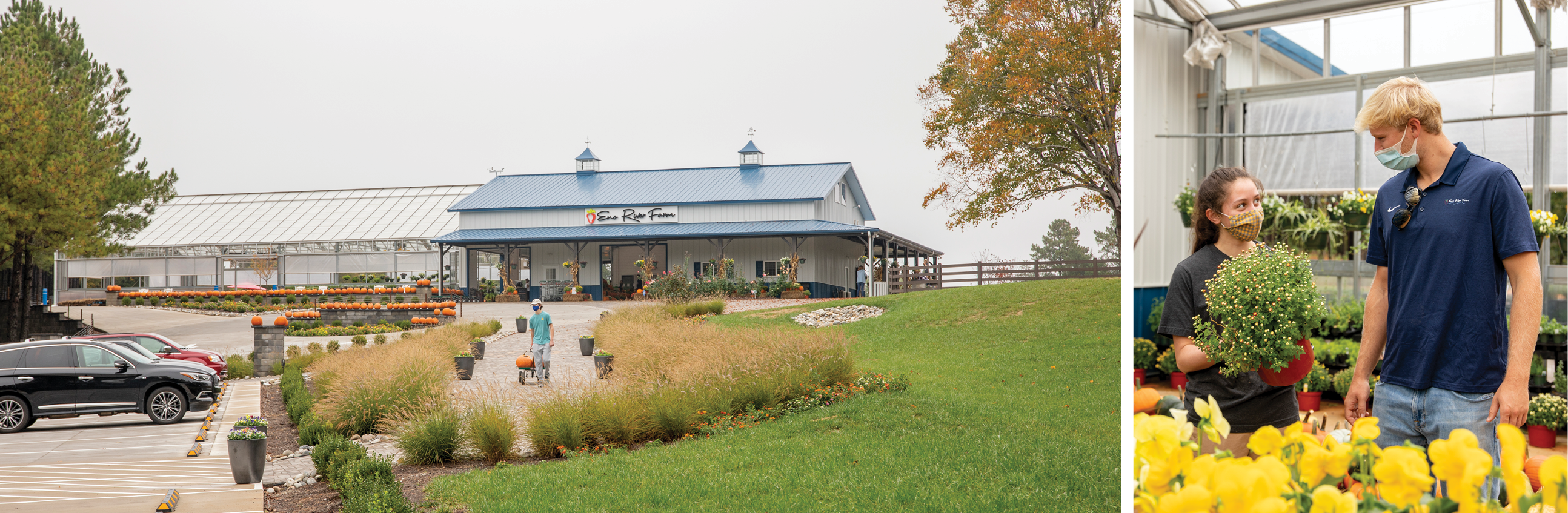 Two images: Front of Eno River farm and Keegan with a woman in greenhouse