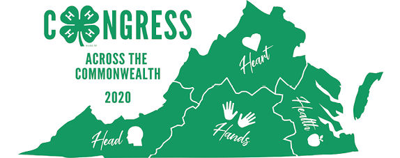 Virginia 4-H Congress logo: Congress Across the Commonwealth 2020. Map of Virginia with sections labeled Head, Heart, Hands, and Health