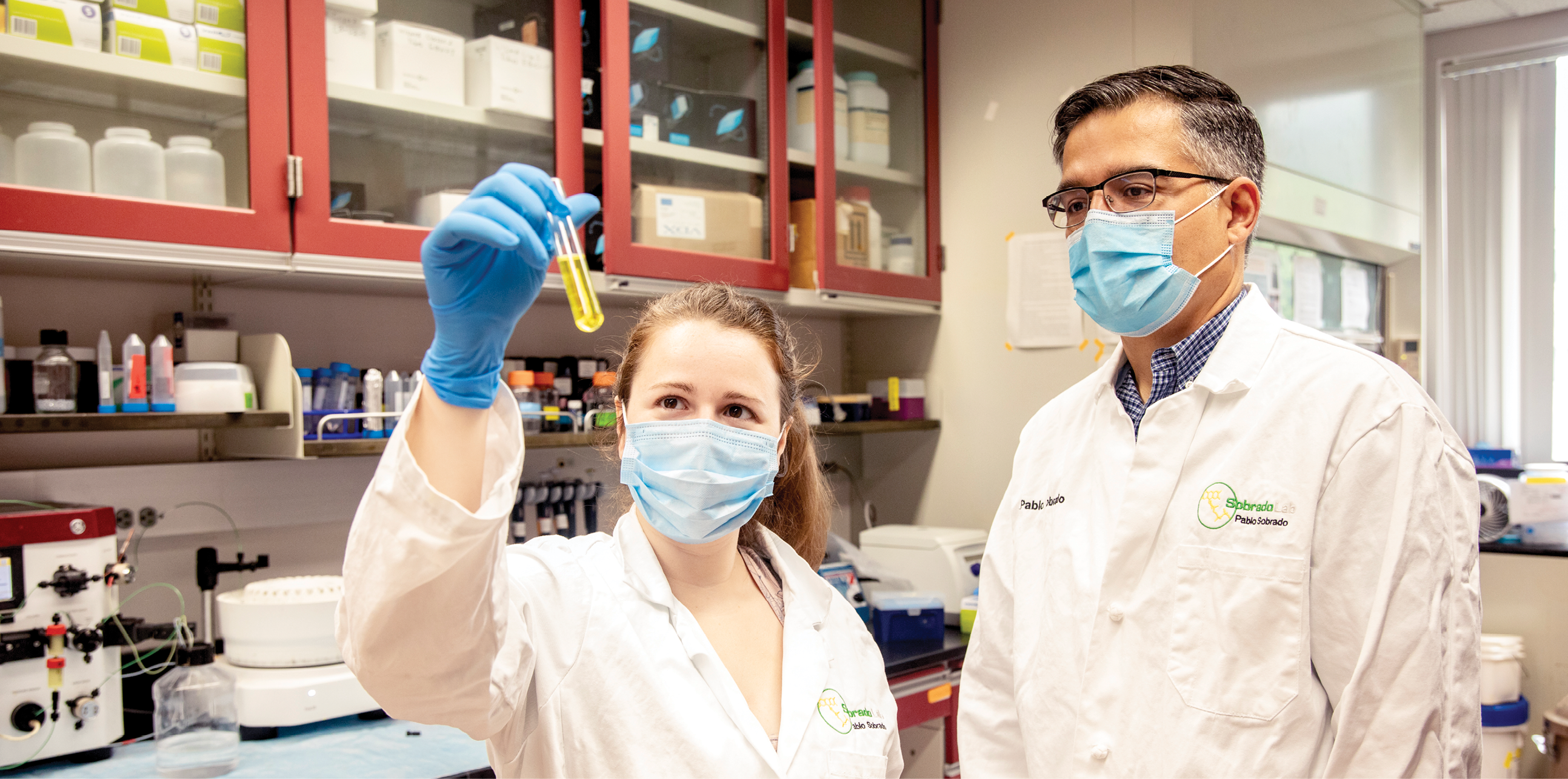 Image of two scientists looking at a test tube in masks