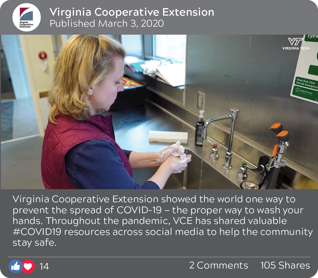 Virginia Cooperative Extension, published March 3, 2020: Virginia Cooperative Extension showed the world the one way to prevent the spread of COVID-19 - the proper way to wash your hands. Throughout the pandemic, VCE has shared valuable #COVID19 resources across social media to help the community stay safe. 14 reactions, 2 comments, 105 shares. Image of Renee Boyer washing her hands.